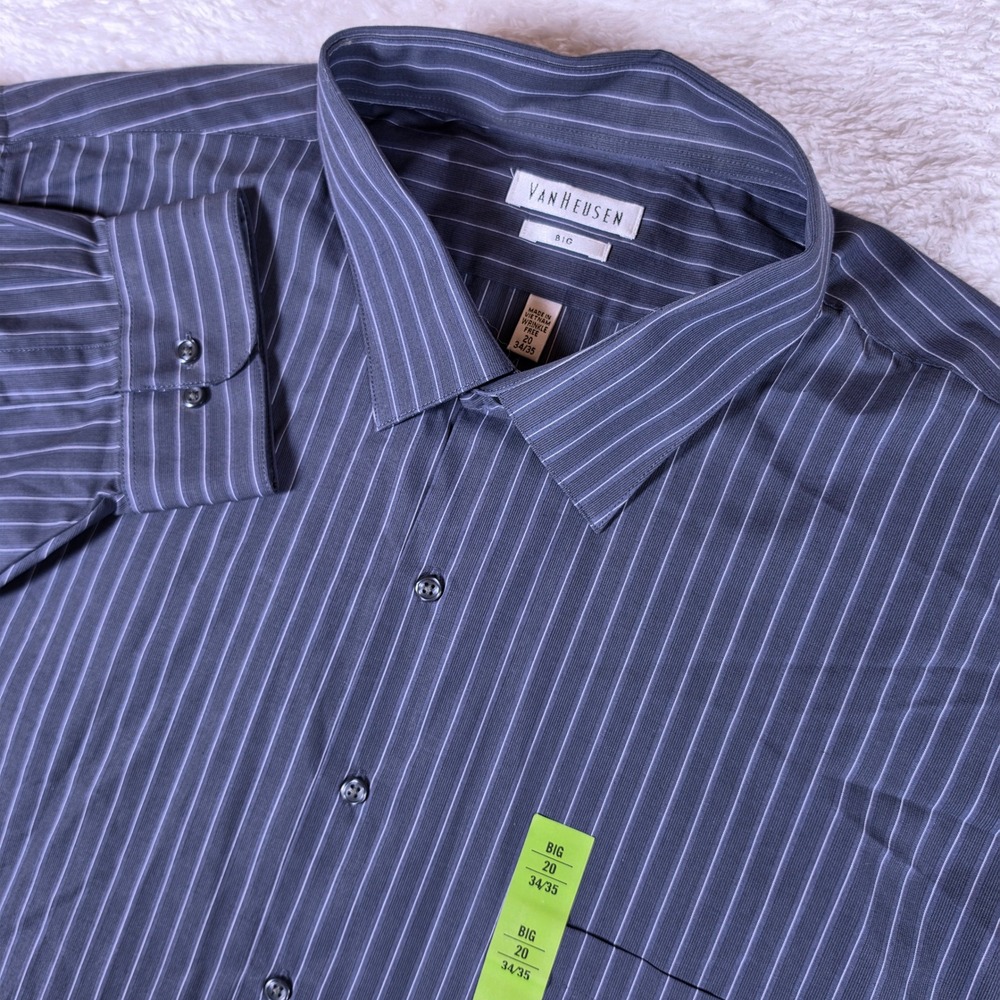 NEW Van Heusen Wrinkle Free Big Mens 20 34/35 Grey Pinstripe Button Down Shirt